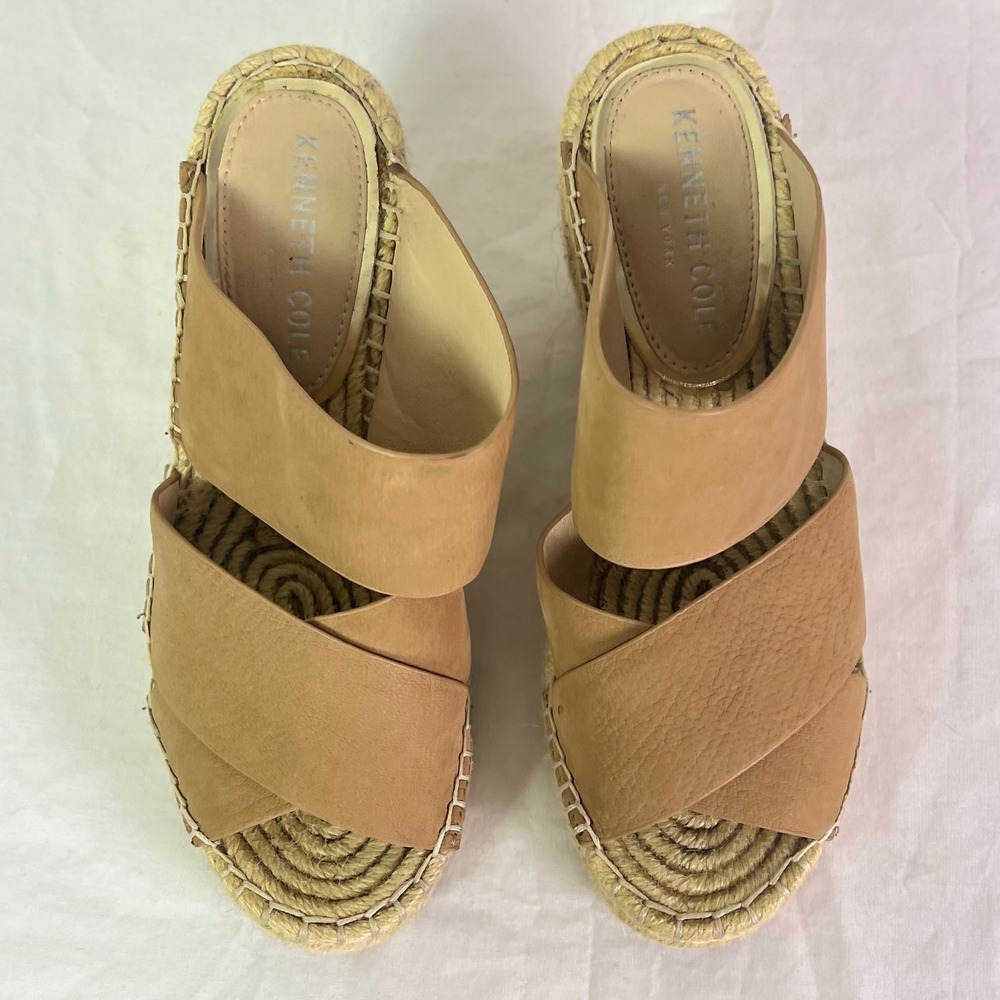 Kenneth Cole Olivia X Band Wedge Sandal 6 Tan Leather Espadrille Platform Slide